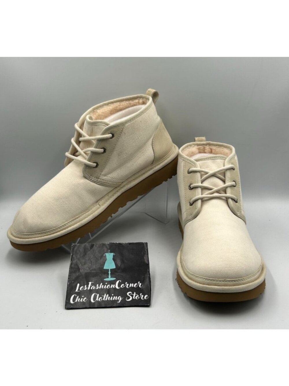 NWOB UGG Mens Beige Canvas Neumel  II Wool Lined Lace-Up Chukka Boots Sz 12 3434